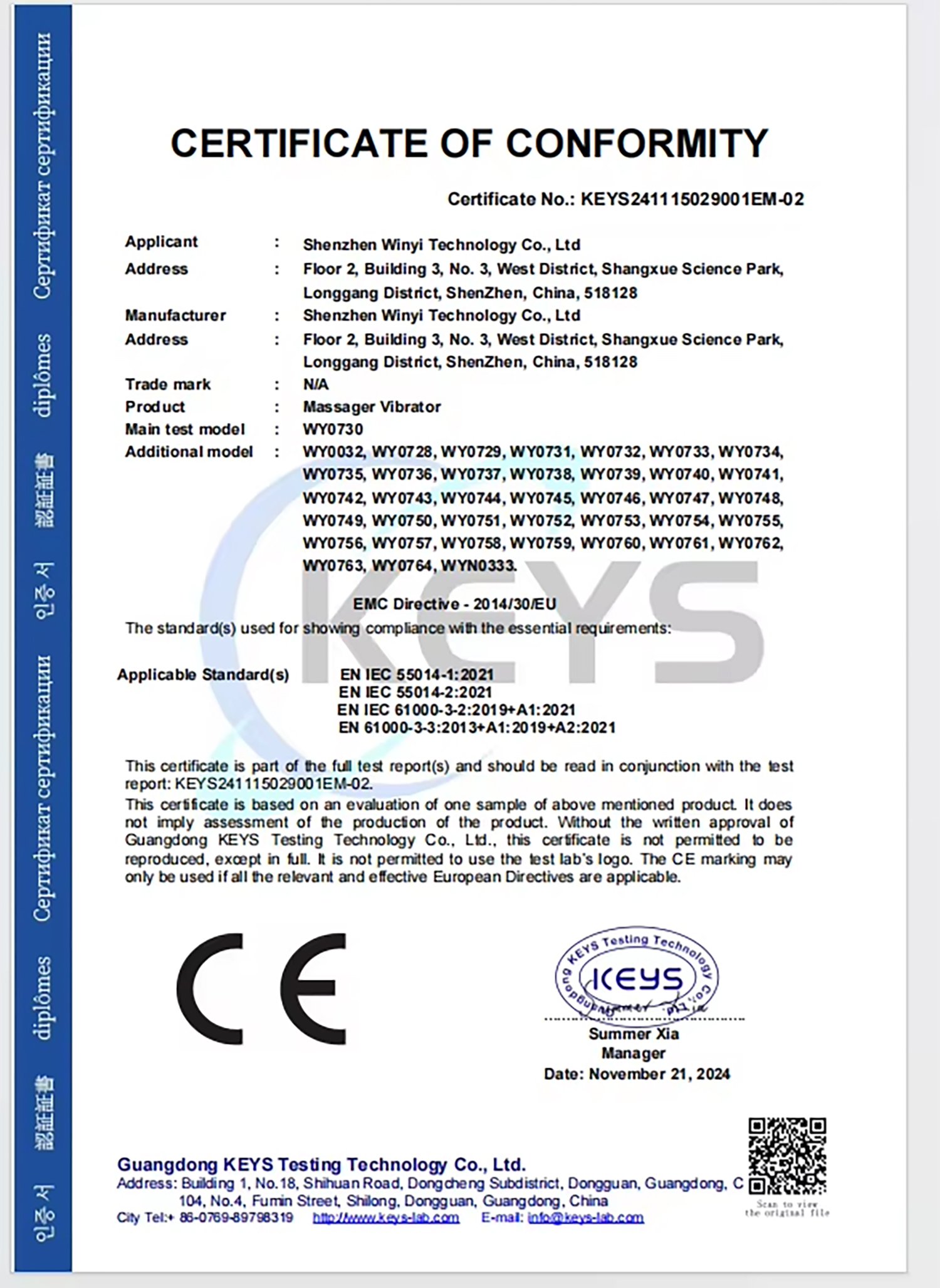 winyi Product CE Certification Report