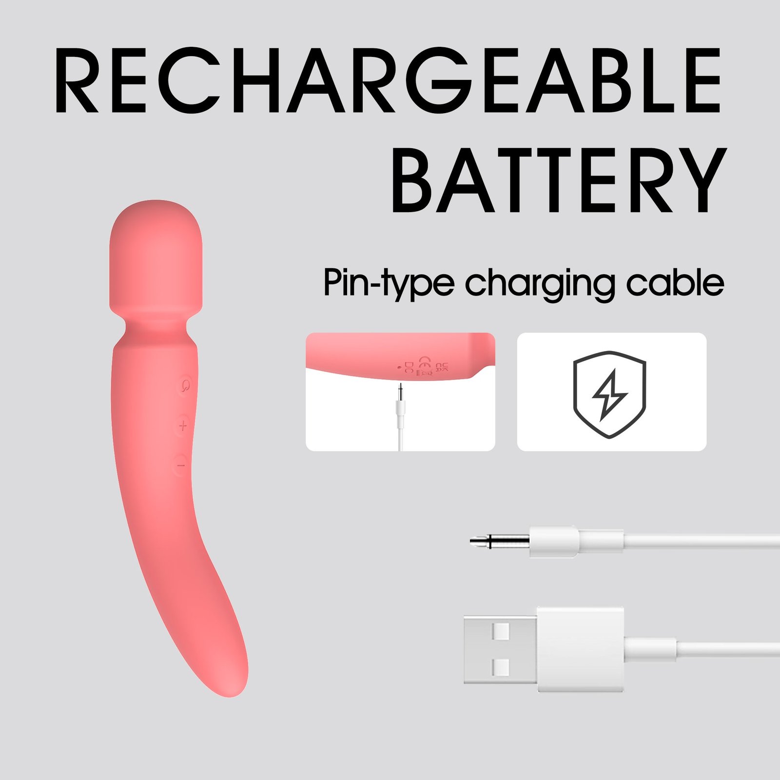 WY0634 rechargeable L-shaped wand massager with pin-type USB charging cable