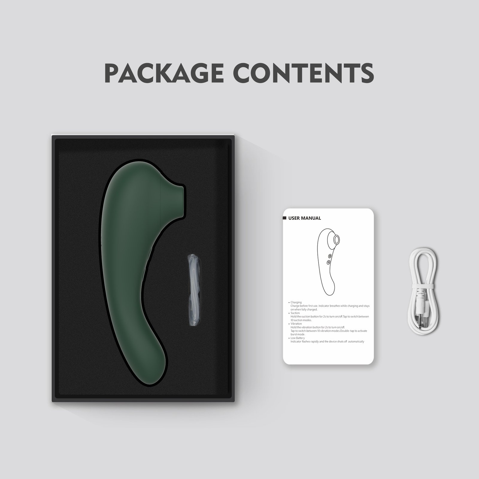 WY0635 whale suction stimulator package contents with charging cable and user manual