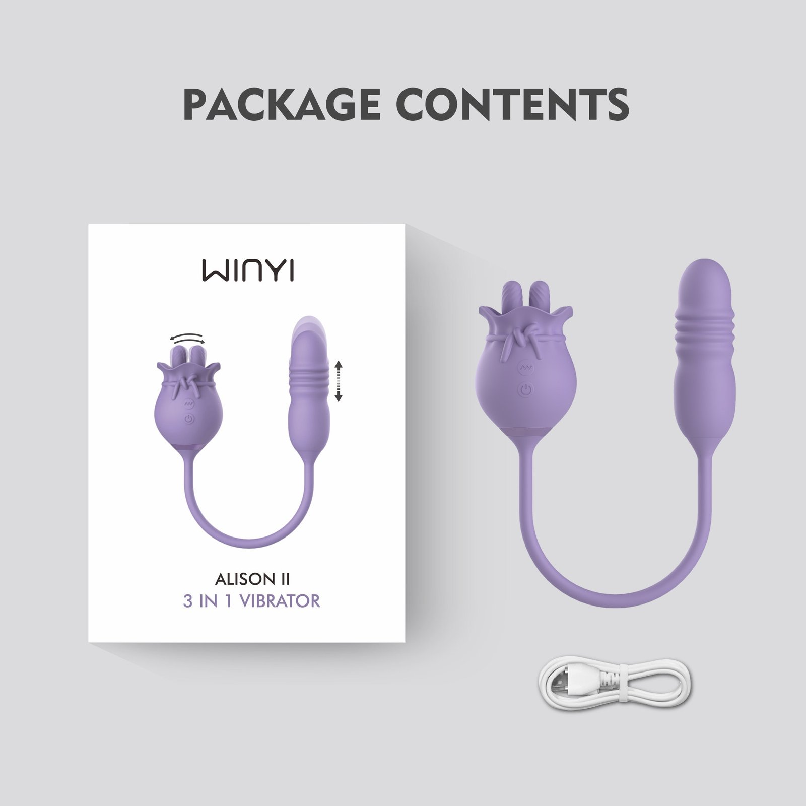 WY0666-1 3-in-1 vibrator package contents with USB charging cable