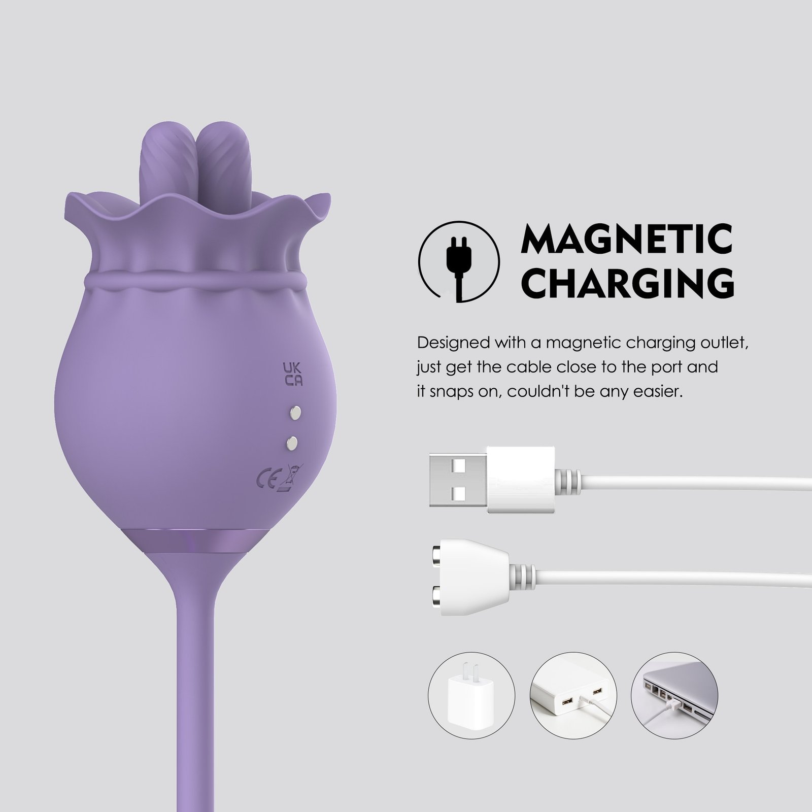 Magnetic charging detail for rechargeable adult toy QC checks