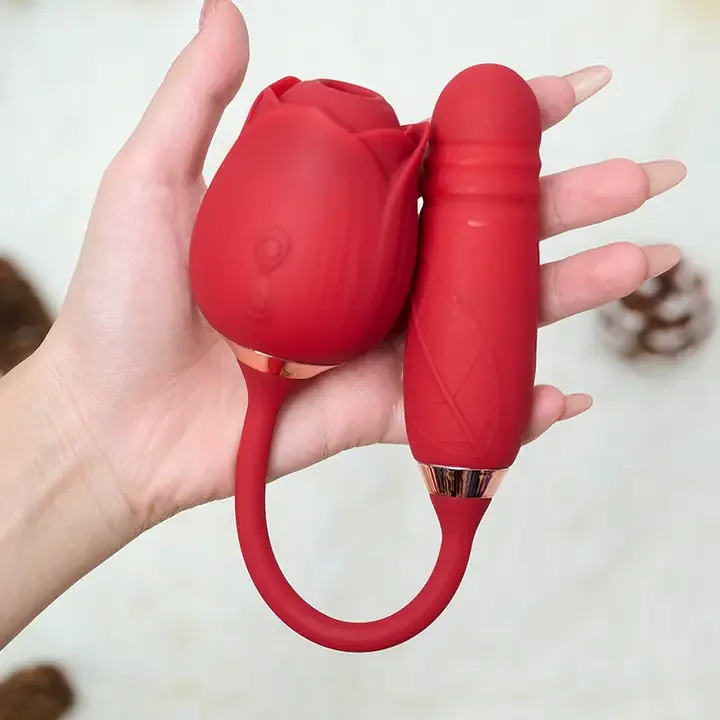 Rose Vibrator Full Product Size and Finish Review Complete red rose vibrator shown in hand for wholesale size and finish review