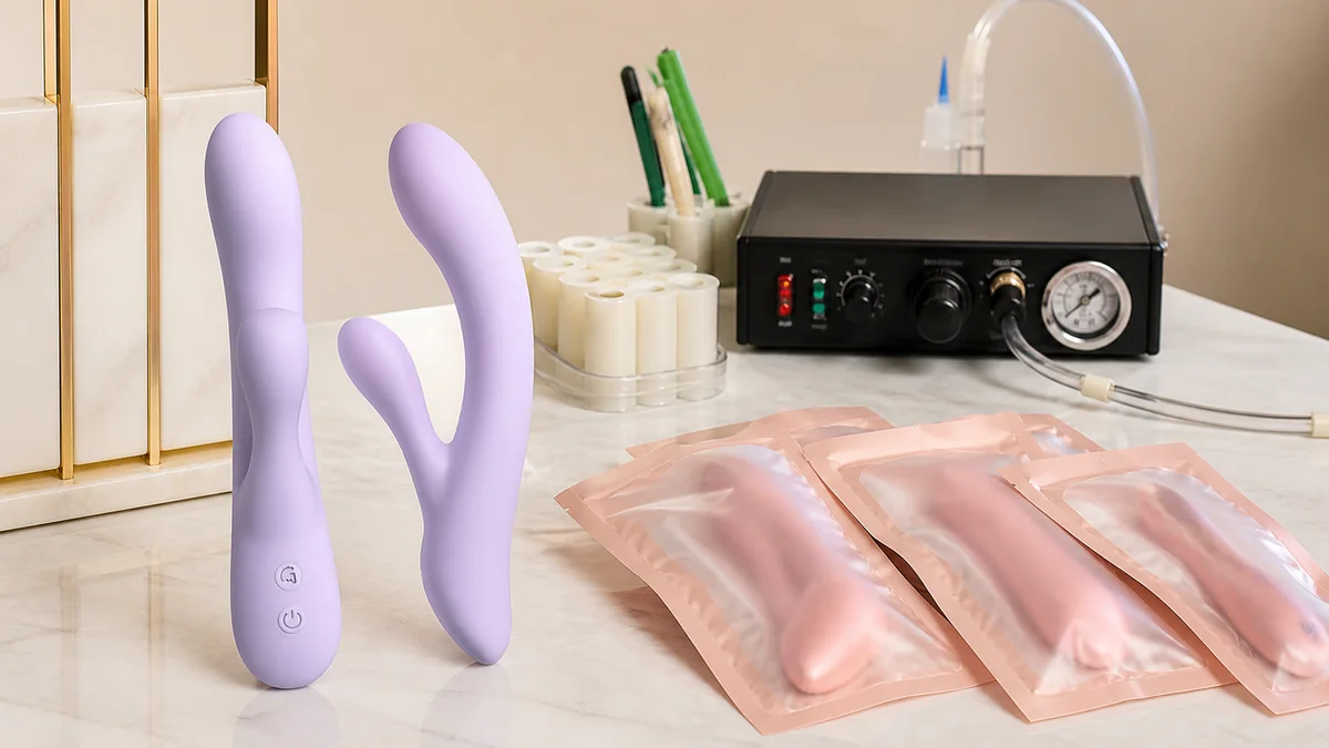 Sex toy sample approval checklist with product, waterproof test equipment and pre-production samples