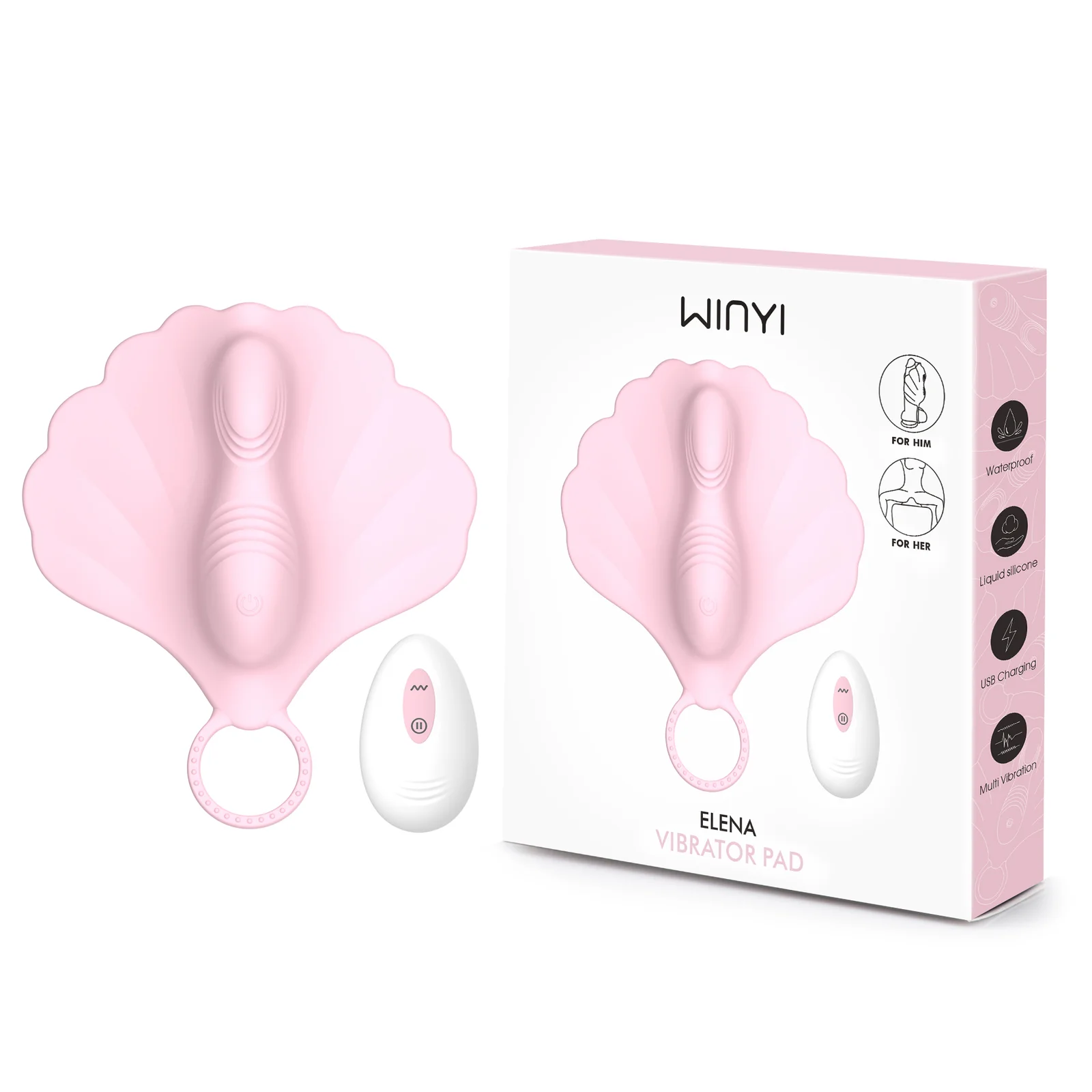 Liquid silicone vibrator pad with remote and retail packaging