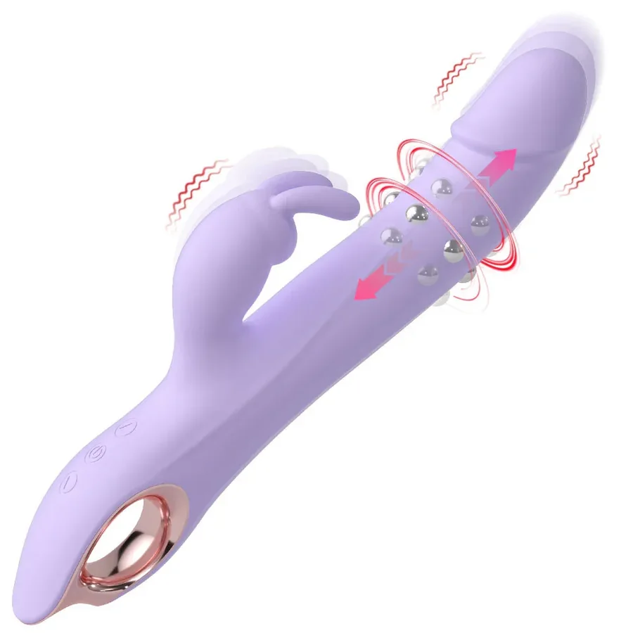 Lavender thrusting vibrator showing rotating extension mechanism