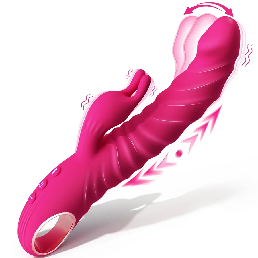 Pink thrusting vibrator showing stroke and oscillation movement