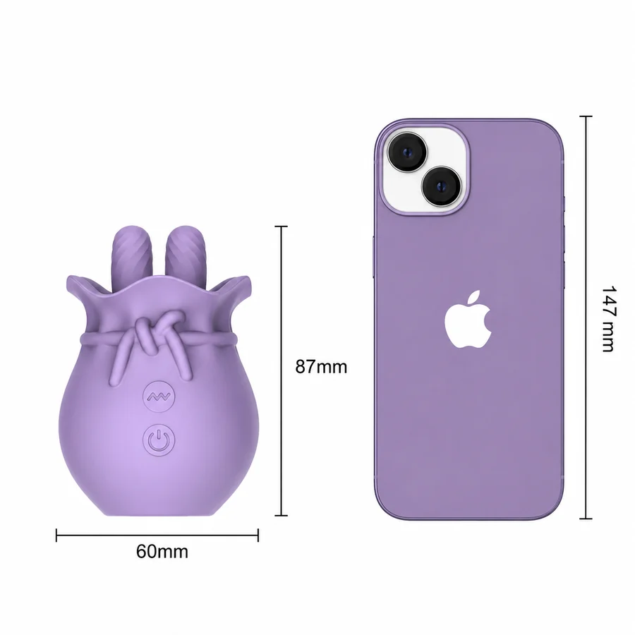 WY0666 Rose Vibrator Size Comparison WY0666 wallet-shaped rose vibrator dimensions compared with a phone