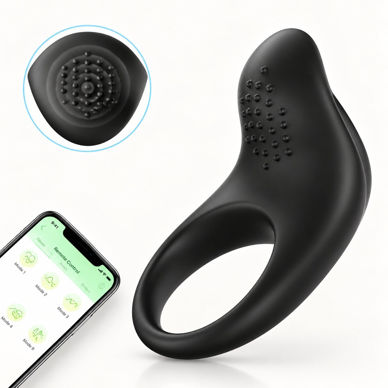WY0607 Alan app-controlled cock ring with beaded surface texture, paired with phone showing app control modes