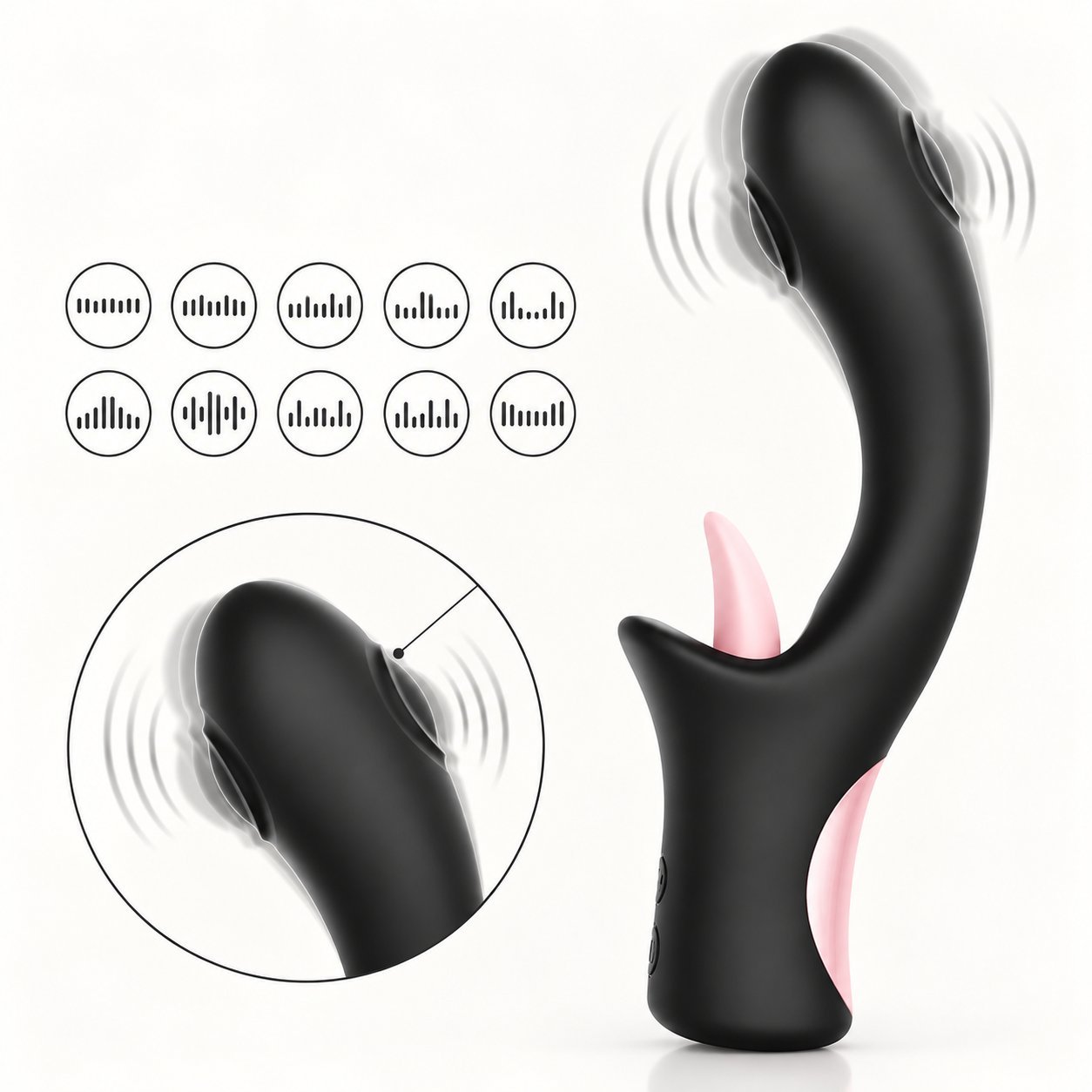 WY0663 Gemma rabbit vibrator — main product view with vibration mode icons and licking-tongue detail callout