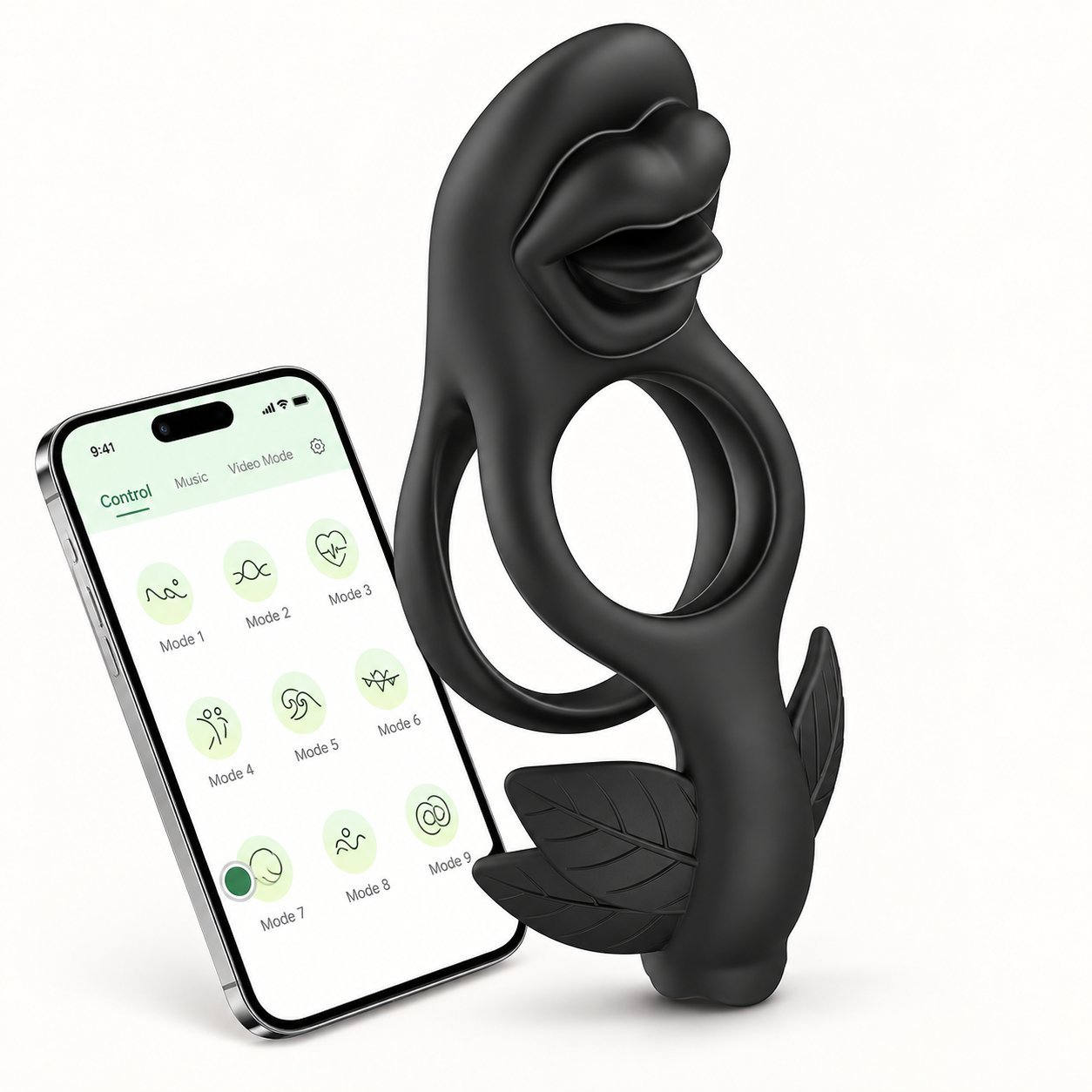 WY0607 Alan app-controlled cock ring with rose and leaf decorative detail, paired with phone showing Control/Music/Video Mode app