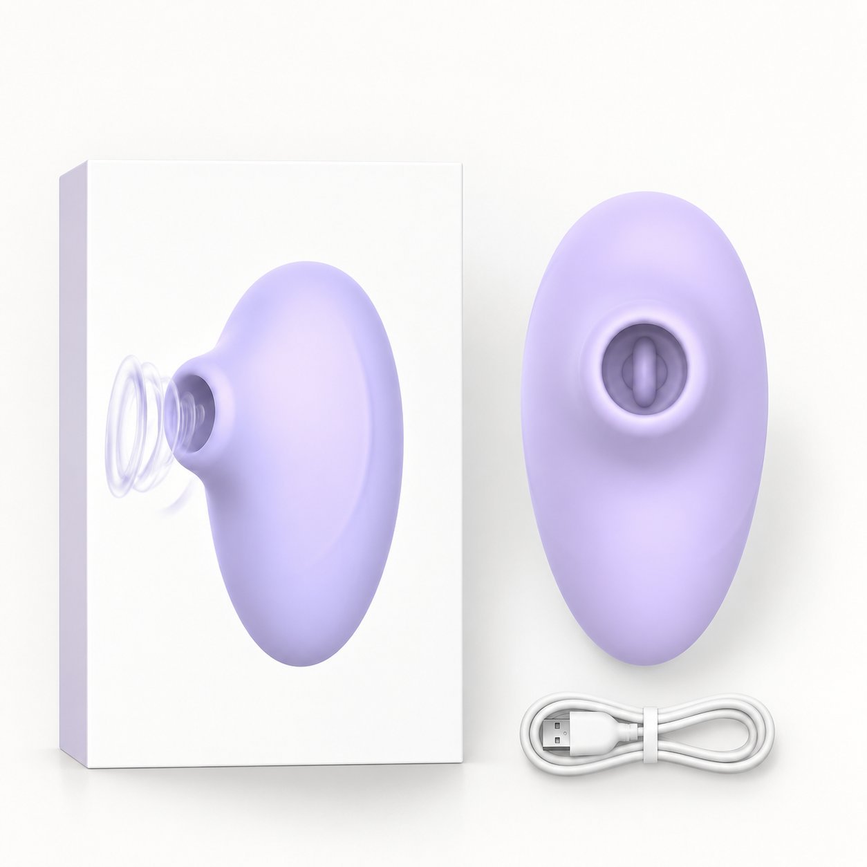 WY0735 Gloria clitoral suction — boxed retail packaging (front and back) with magnetic USB charging cable and top-down view of the suction nozzle
