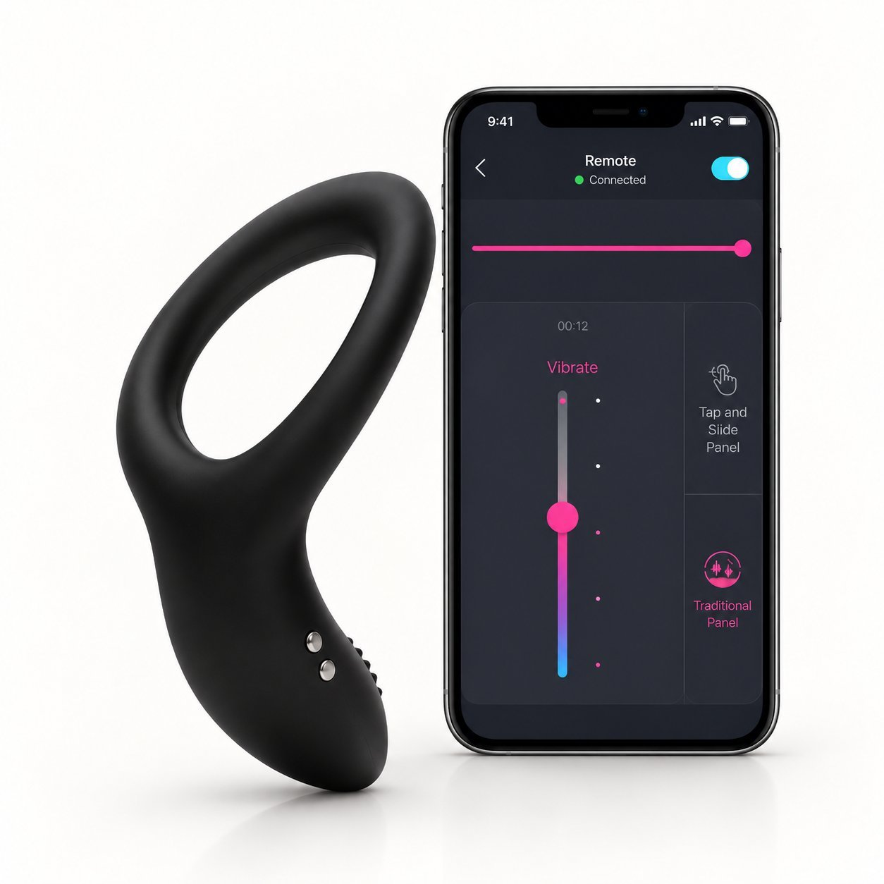 WY0607 Alan app-controlled cock ring paired with phone showing remote-control vibrate slider plus Tap-and-Slide and Traditional Panel options