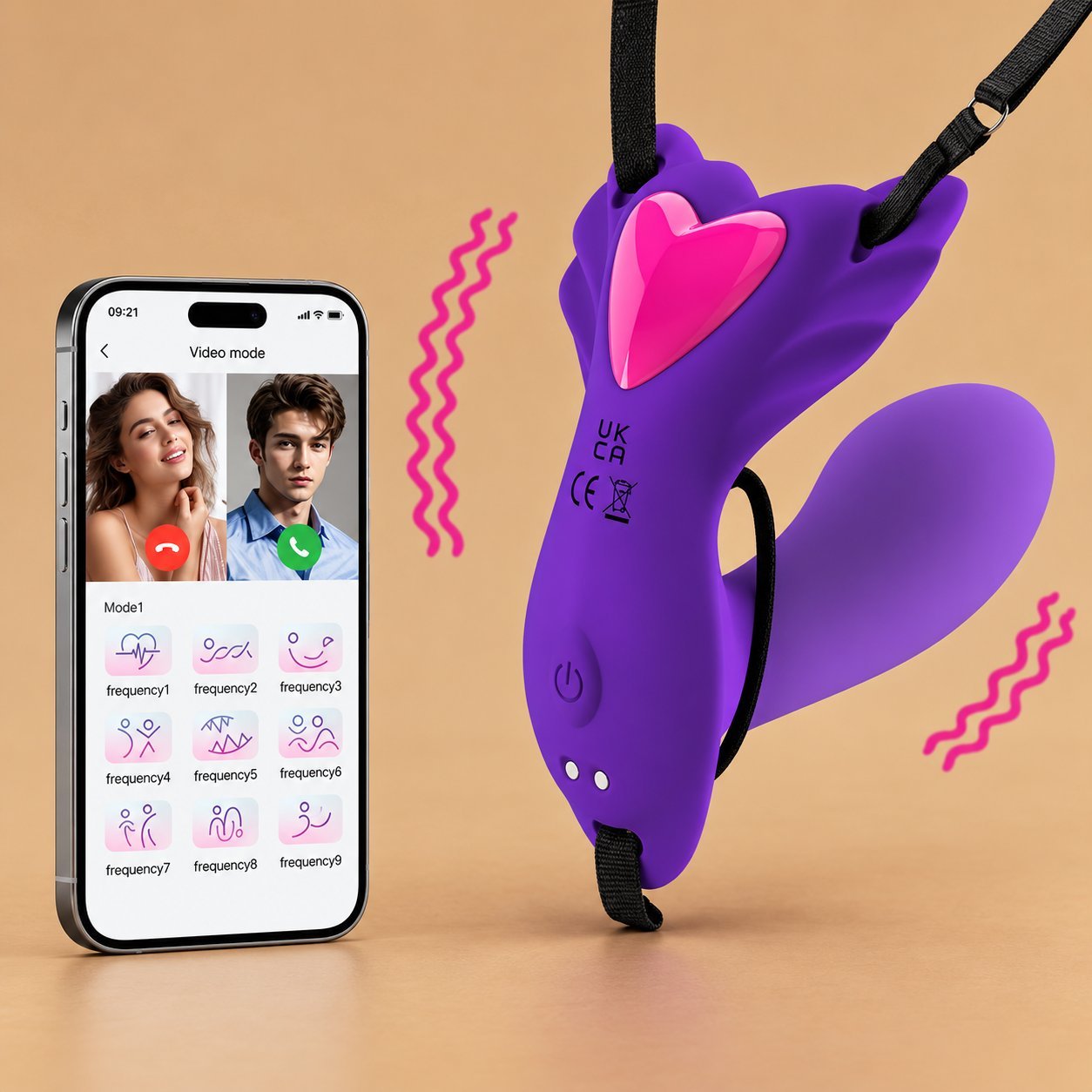 Purple app-controlled couple vibrator with smartphone showing video mode call Purple app-controlled couple vibrator beside a smartphone running a video mode interface with two-person call layout and frequency modes