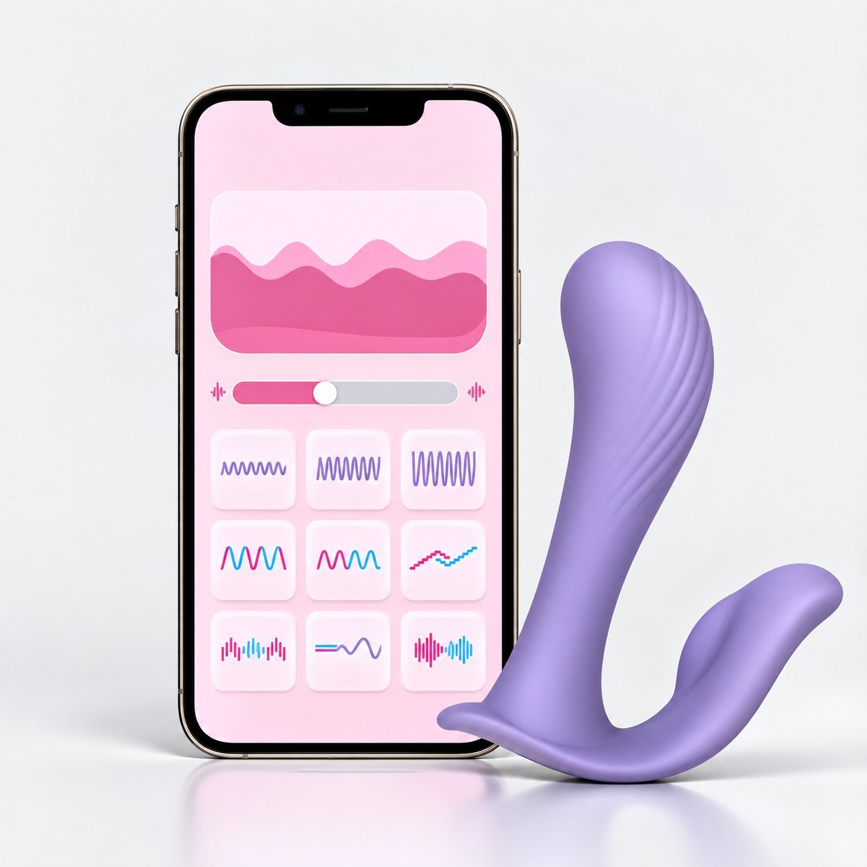 Purple double-headed wearable vibrator (Julia WY0568) shown next to a smartphone displaying a generic app control interface with waveform sliders and vibration pattern tiles