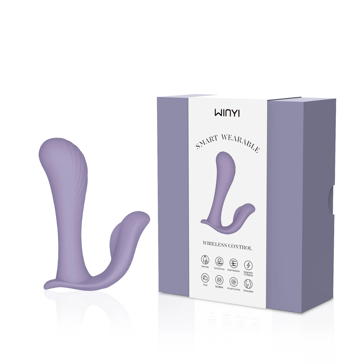 Purple double-headed wearable vibrator (Julia WY0568) photographed next to its WINYI Smart Wearable Wireless Control retail packaging