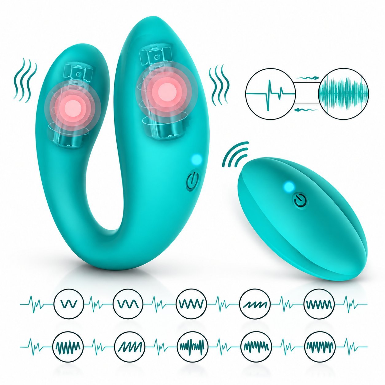 Teal U-shaped couples vibrator (Helen WY0553) shown with internal motor graphics, sound-wave and vibration pattern icons, plus a small wireless remote