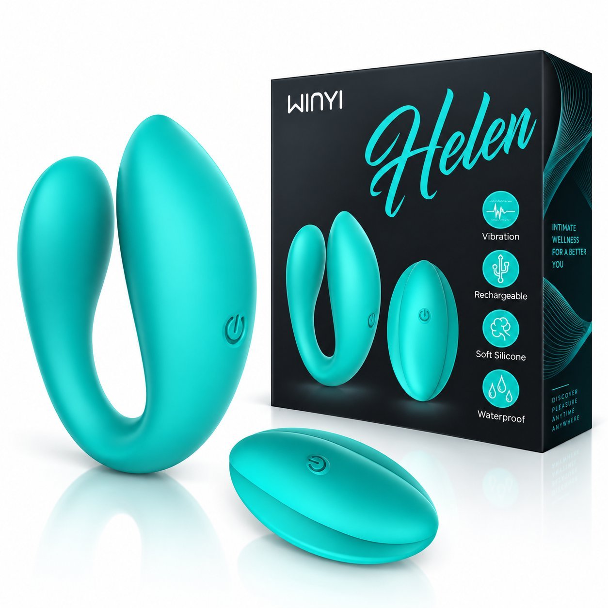 Teal U-shaped couples vibrator (Helen WY0553) shown with the WINYI Helen retail box highlighting Vibration, Rechargeable, Soft Silicone, and Waterproof