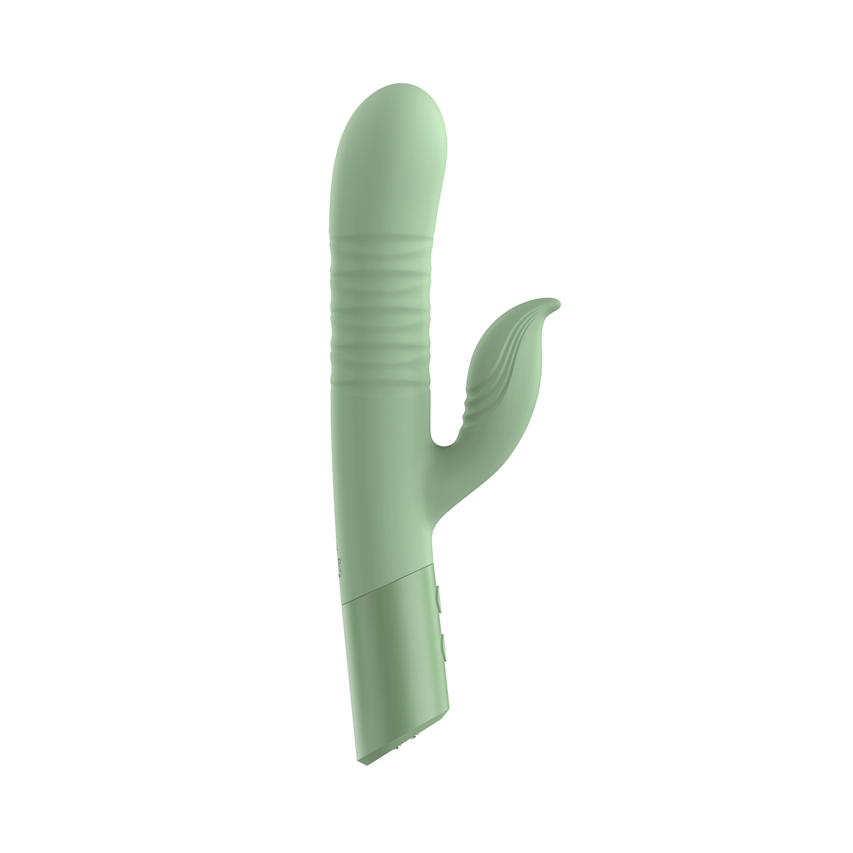 Green thrusting rabbit vibrator (Swell, WY0752) shown alone on a white background, with a small double-headed arrow indicating in-and-out thrusting motion