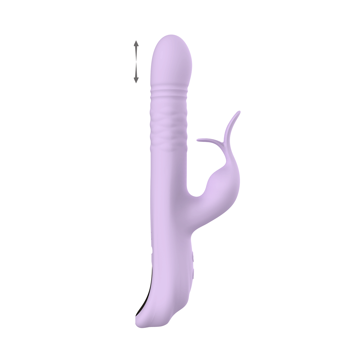 Light-purple expandable thrusting vibrator (Barbara, WY0744) shown alone with a small double-headed arrow at the tip indicating telescopic motion