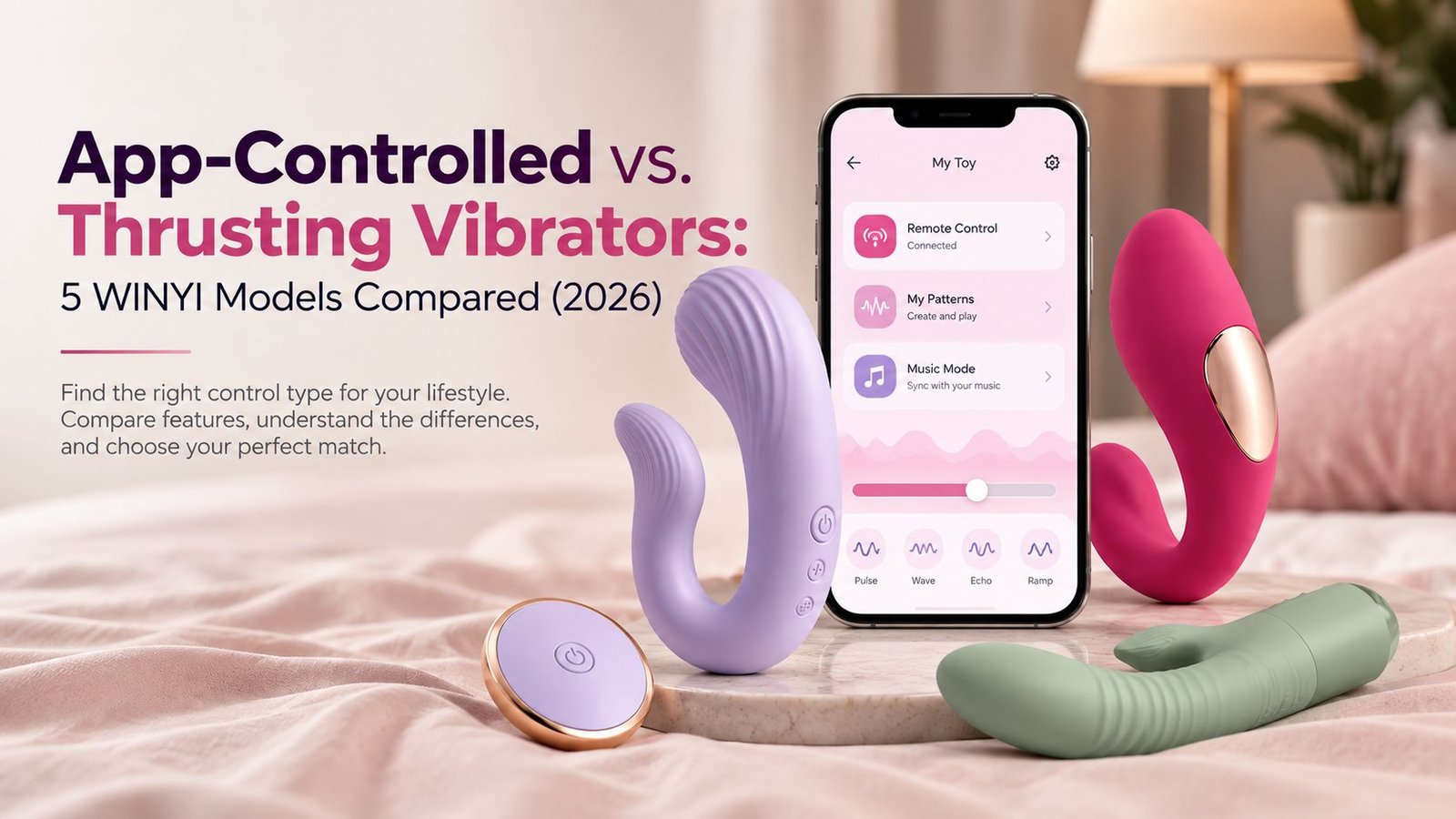 Featured hero image: a styled bedroom scene with three vibrators and a smartphone showing a generic app interface, overlaid with the article title 'App-Controlled vs. Thrusting Vibrators: 5 WINYI Models Compared (2026)' and the tagline 'Find the right control type for your lifestyle.'