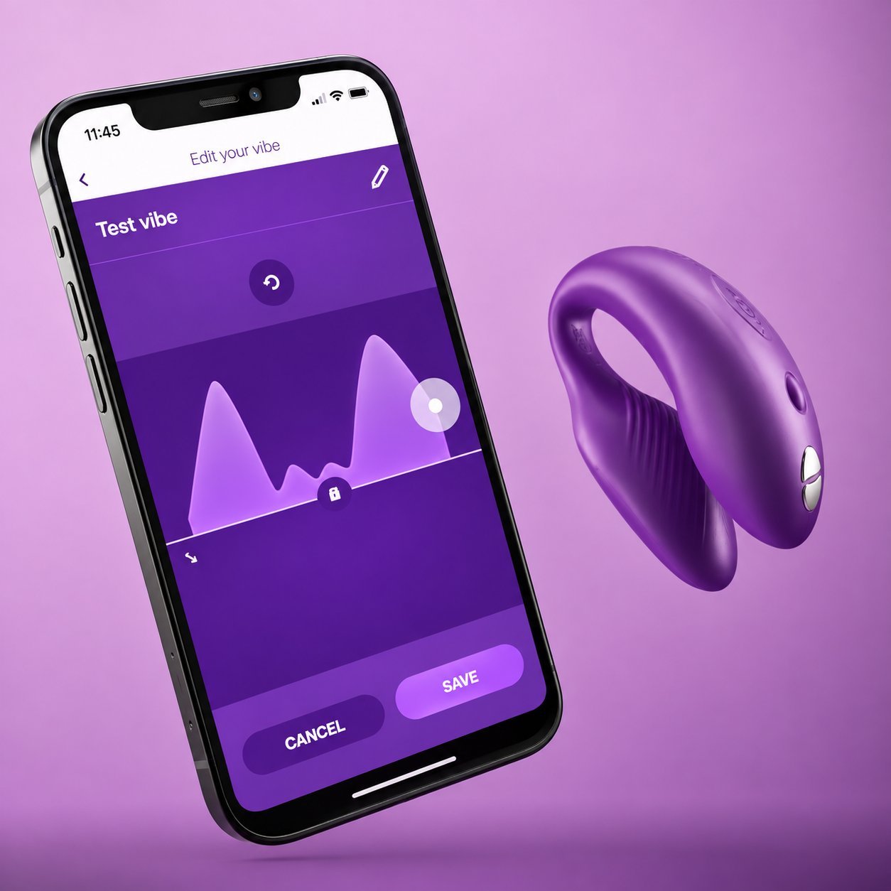 Purple C-shaped vibrator beside an iPhone showing a Test Vibe waveform pattern editor screen