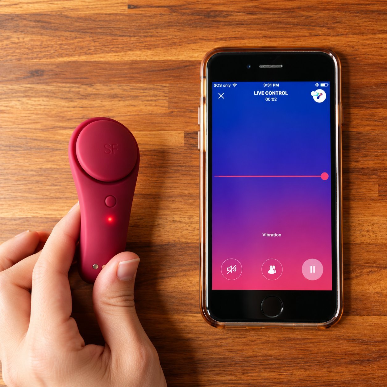 Pink teardrop vibrator held in a hand next to iPhone showing a vibration intensity slider