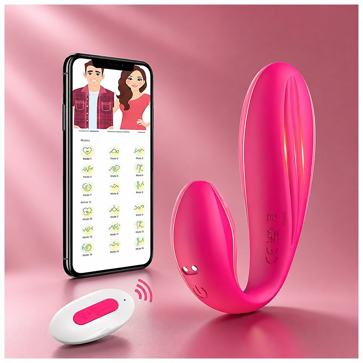 Couples rabbit-style vibrator paired with smartphone app and wireless handheld remote