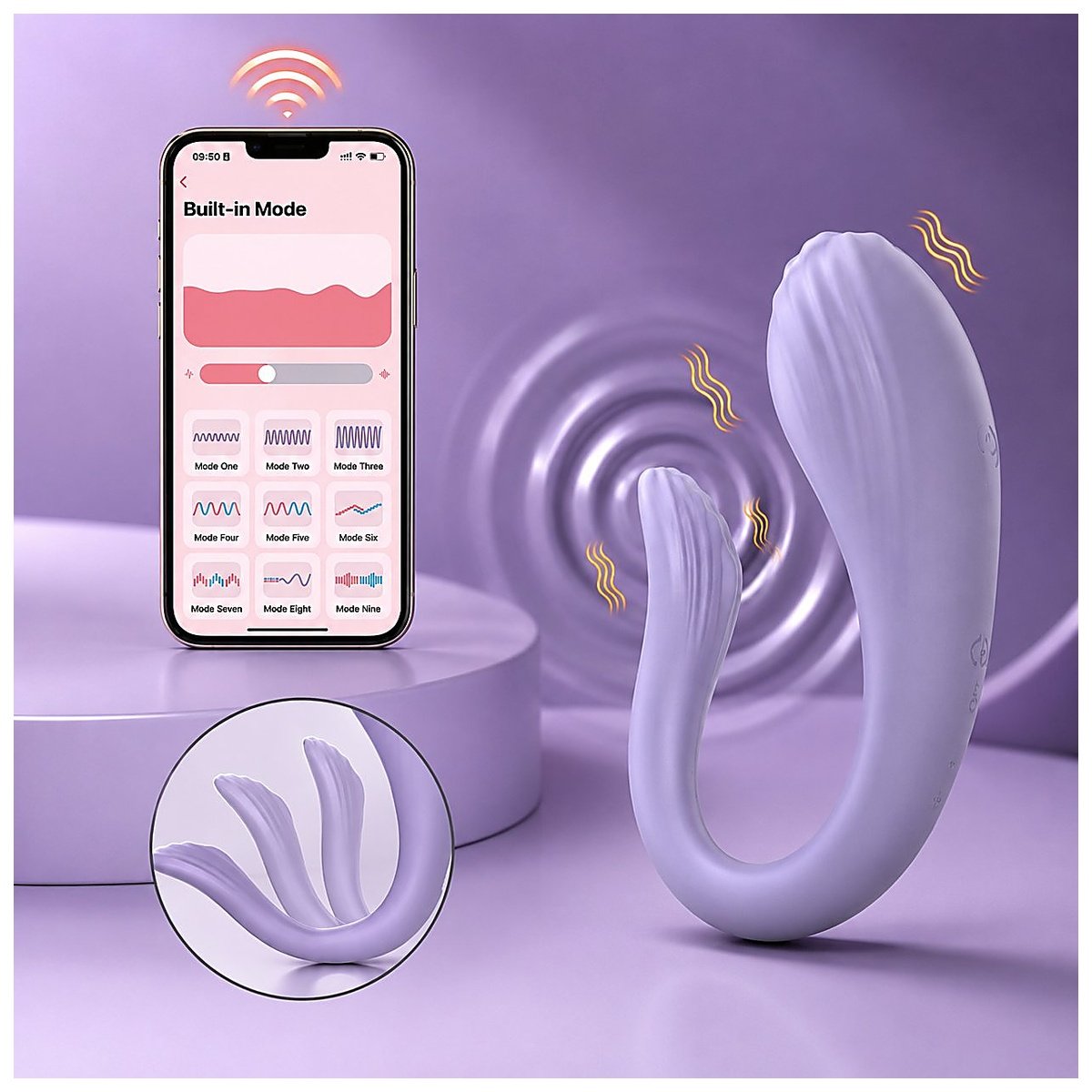Purple dual-ended vibrator with smartphone app showing built-in vibration modes