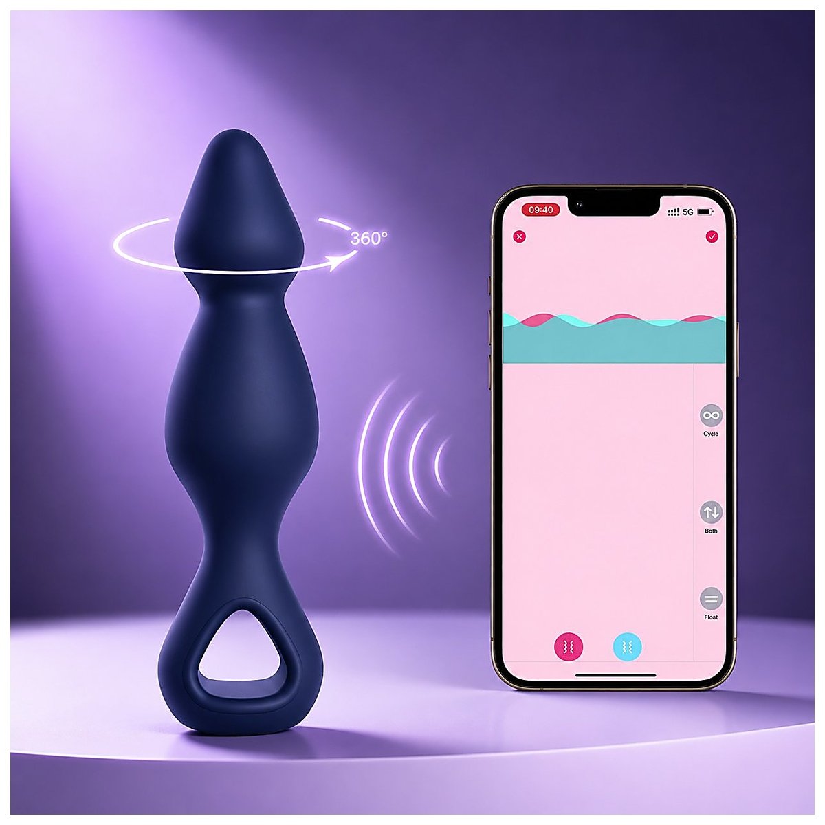 Purple plug-style vibrator with smartphone app showing rotation and float controls