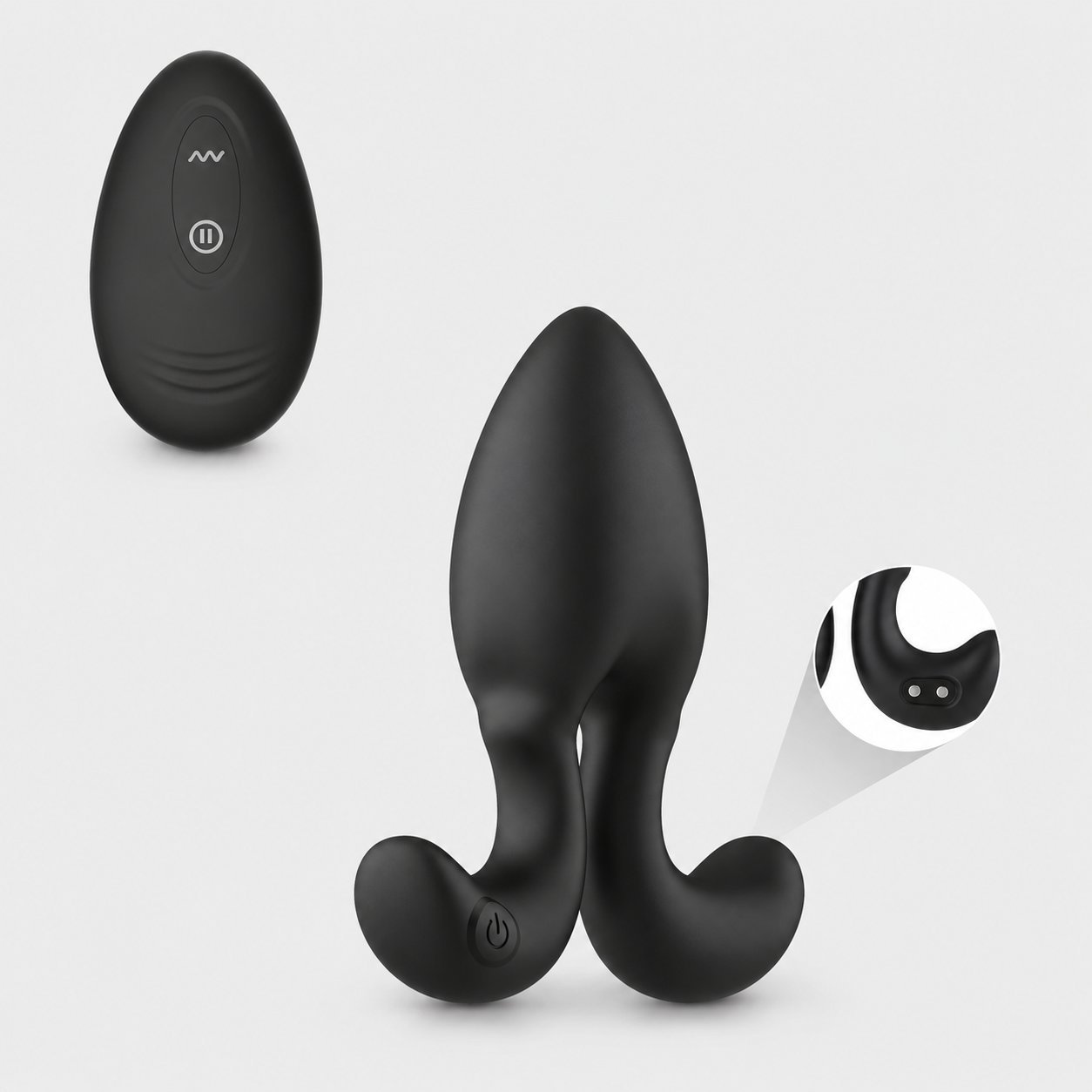 WY0681 remote-controlled butt plug with detached egg-shaped remote control showing magnetic charging contact
