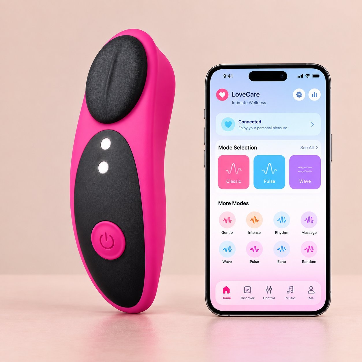 App-controlled wand with smartphone showing vibration mode selector Black-and-pink wearable wand with smartphone running a partner-control app showing vibration modes