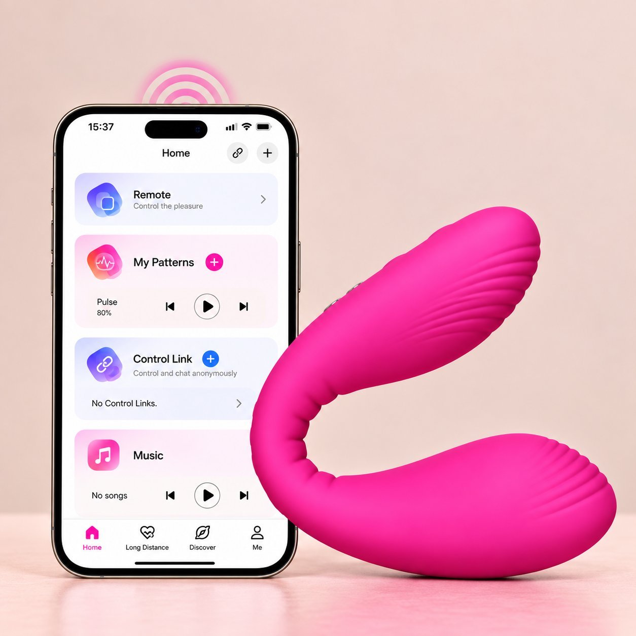 Pink curved wearable vibrator with smartphone running Home app Pink curved wearable vibrator with smartphone running the Lovense Remote style Home app