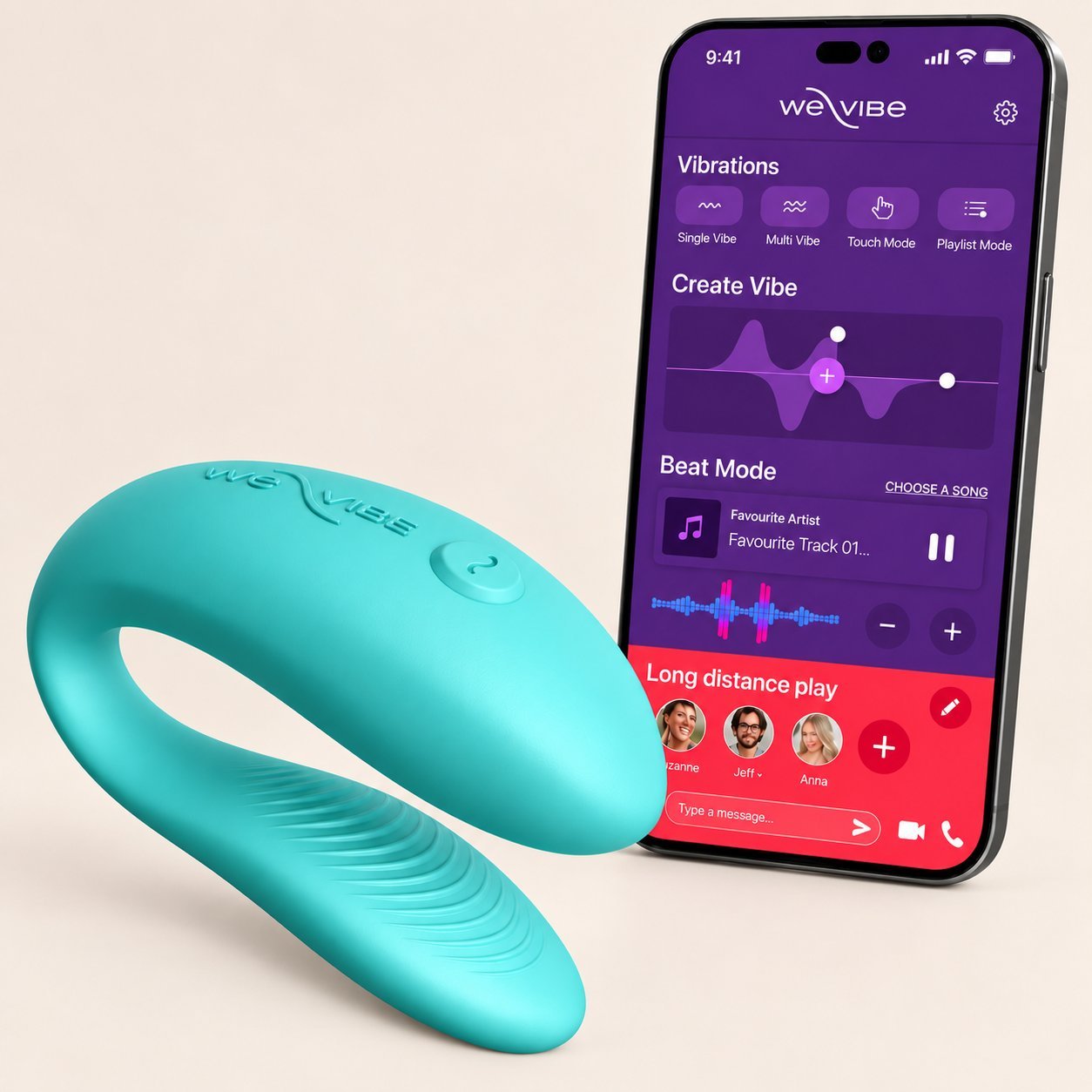 We-Vibe couples vibrator with We-Connect long-distance play Aqua We-Vibe couples vibrator with smartphone running the We-Connect app showing long-distance play options