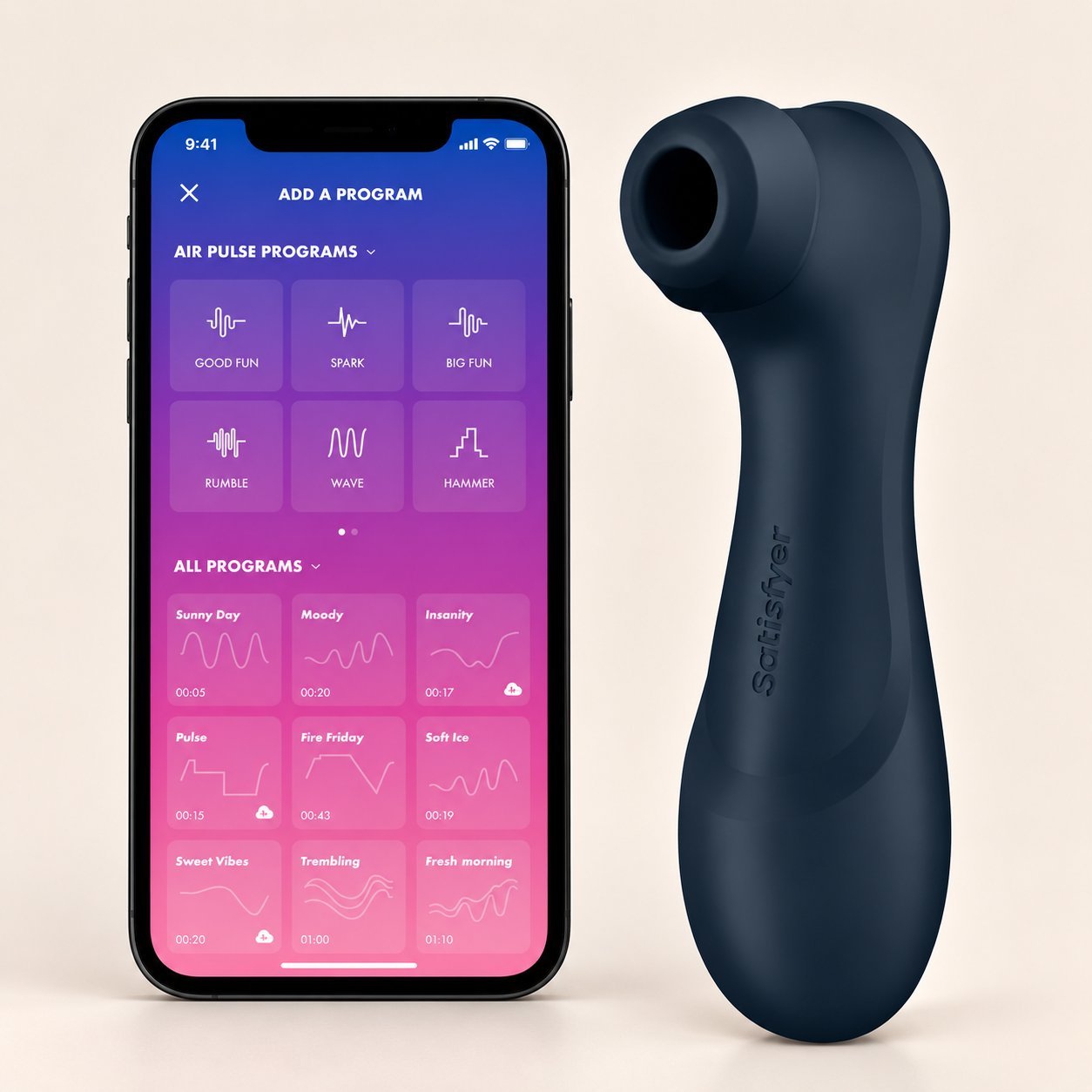 Satisfyer wand with Satisfyer Connect air-pulse programs Dark blue Satisfyer wand with smartphone running the Satisfyer Connect app showing air-pulse programs