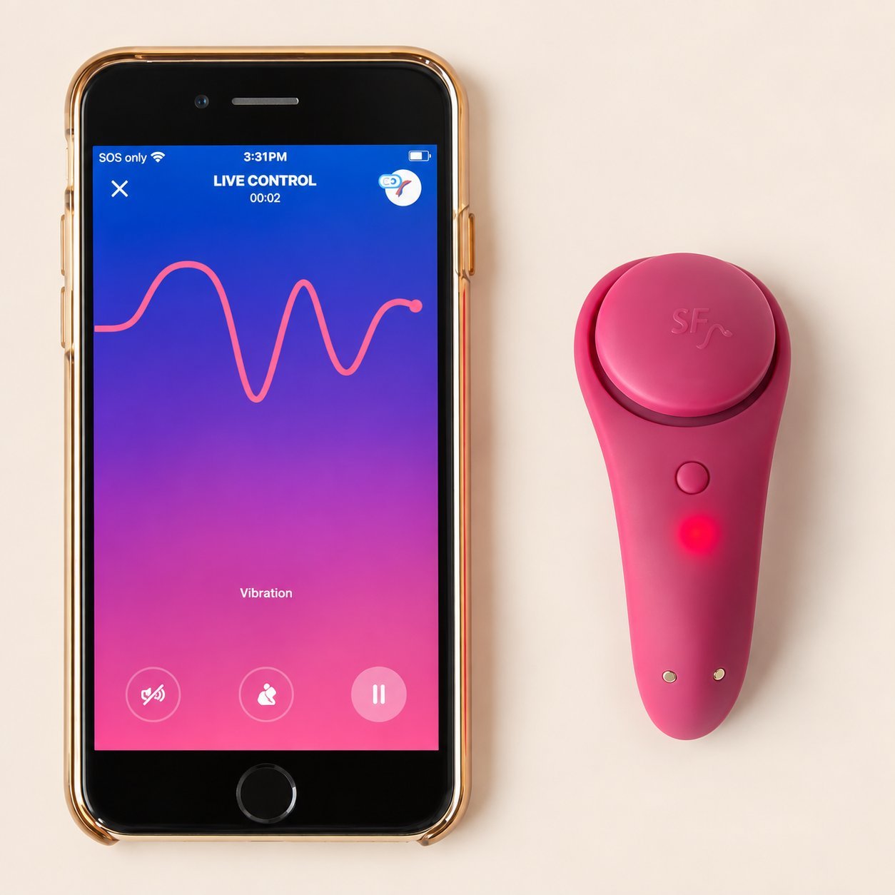 Pink Satisfyer SF mini with live control app Pink Satisfyer SF mini vibrator with smartphone running a live control app showing waveform