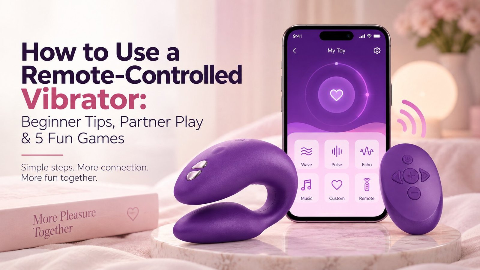 Purple wearable vibrator with a smartphone running a remote-controlled vibrator app and a small pebble remote, set on a marble surface