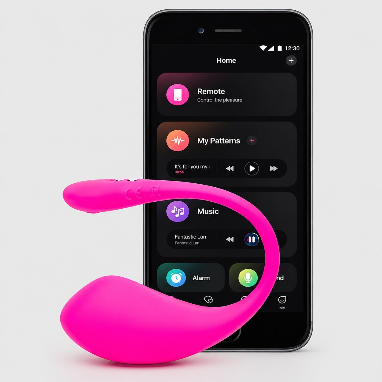 Pink teardrop-shape vibrator in front of a smartphone showing a dark remote-control app with a remote panel and patterns list