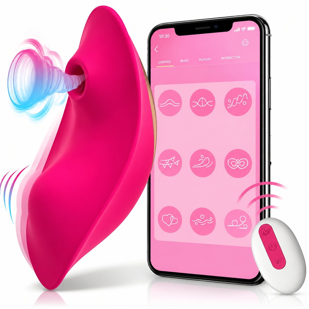 Pink lipstick-style vibrator with smartphone showing a pink remote control app and a small white handheld remote