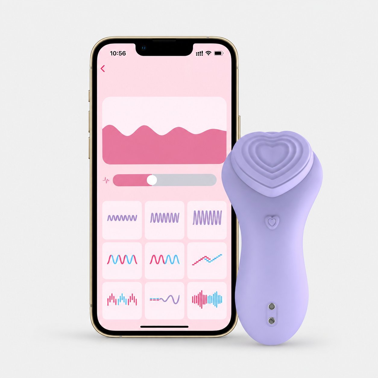 Lavender vibrator with suction bulb next to a gold-framed smartphone showing an app interface with waveform intensity slider and a grid of vibration patterns