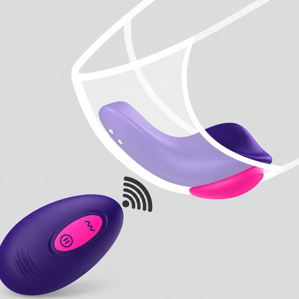 Purple wearable ring vibrator with a small purple pebble remote showing wireless signal lines between them