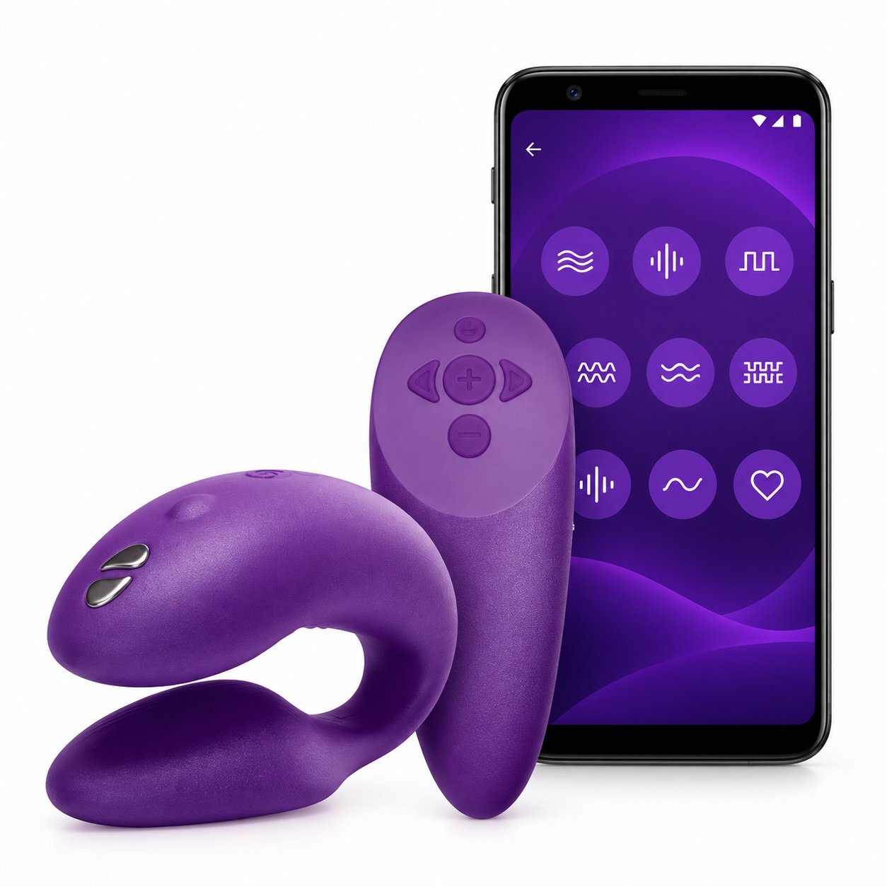Purple wearable vibrator with handheld remote control and smartphone running a purple remote-control app
