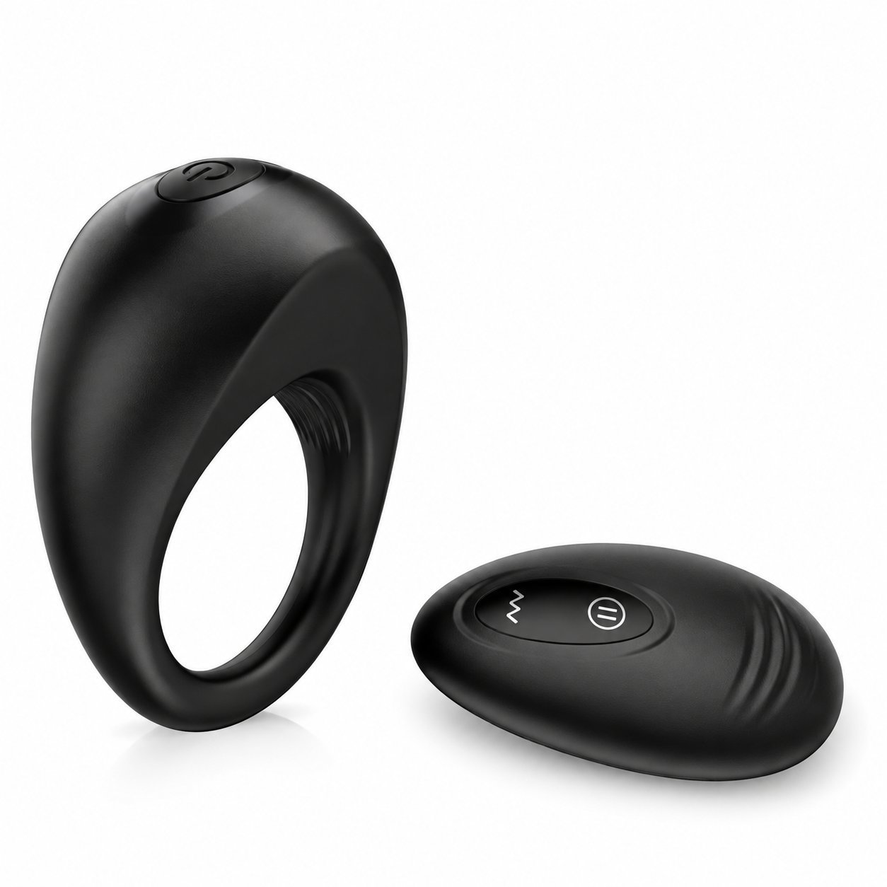 Black wearable ring vibrator with a small black pebble remote control