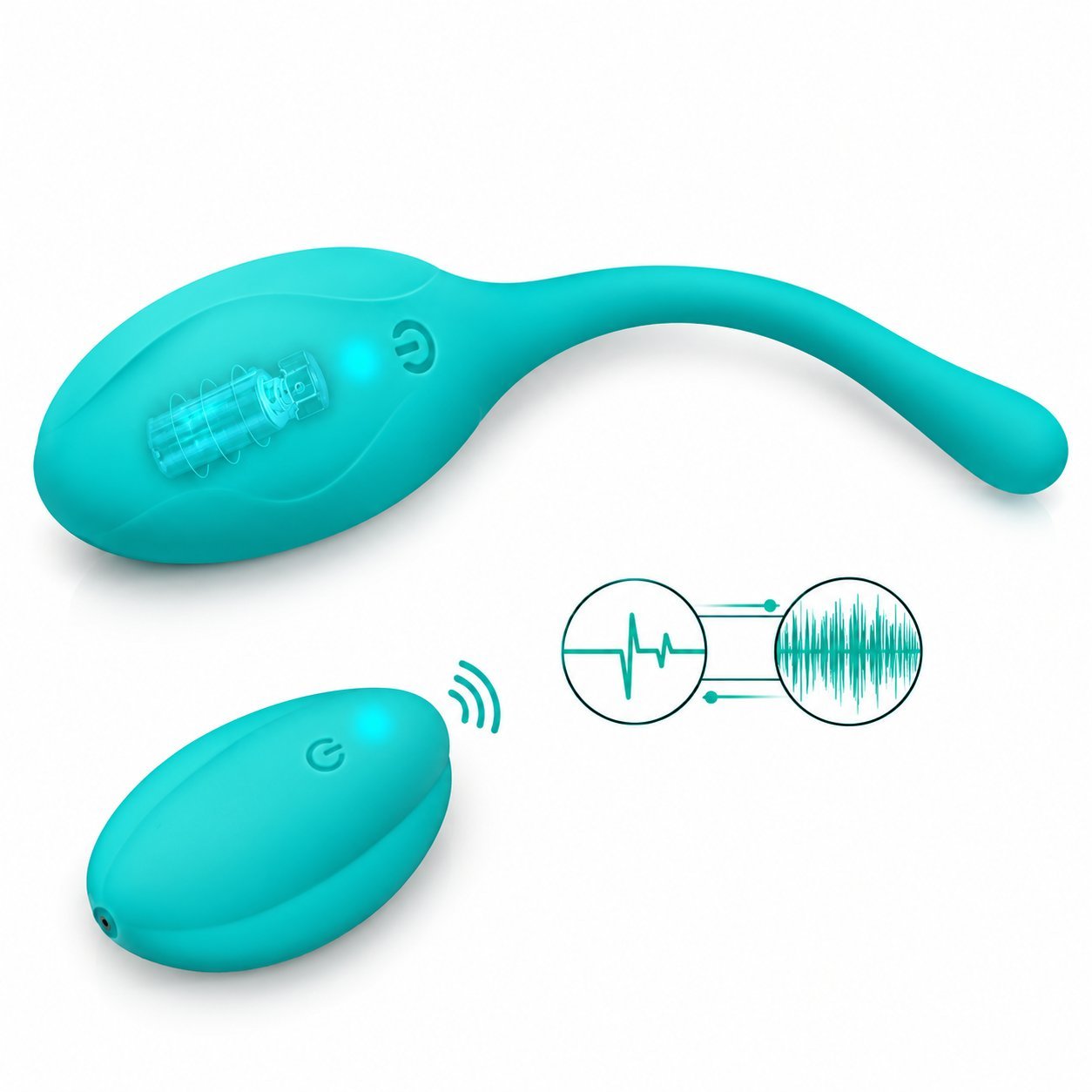 Teal U-shape couple vibrator with a small teal pebble remote and a graphic showing sound waves connecting them