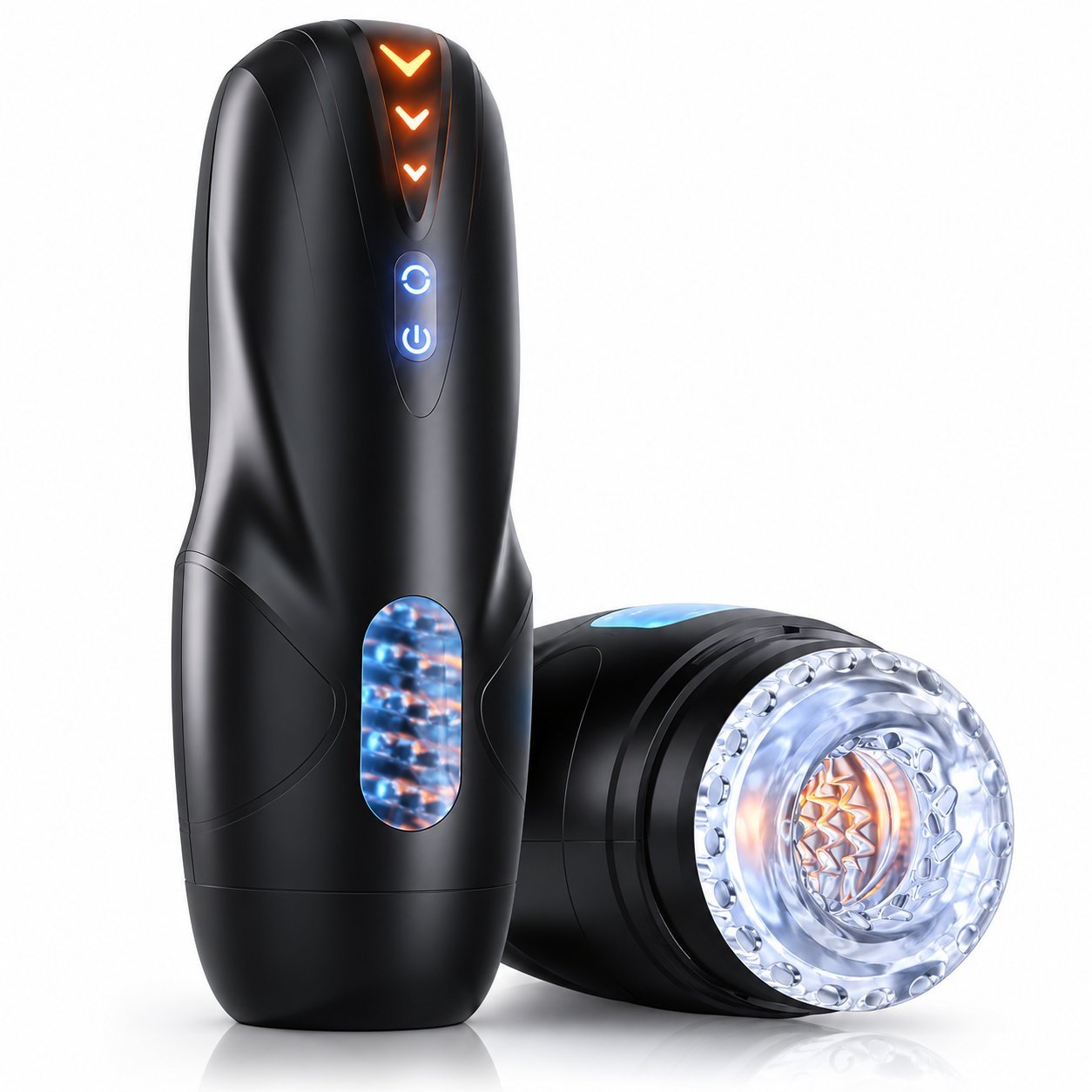 Black app-controlled male stroker with LED mode indicators and a clear textured stroker sleeve visible on the second unit