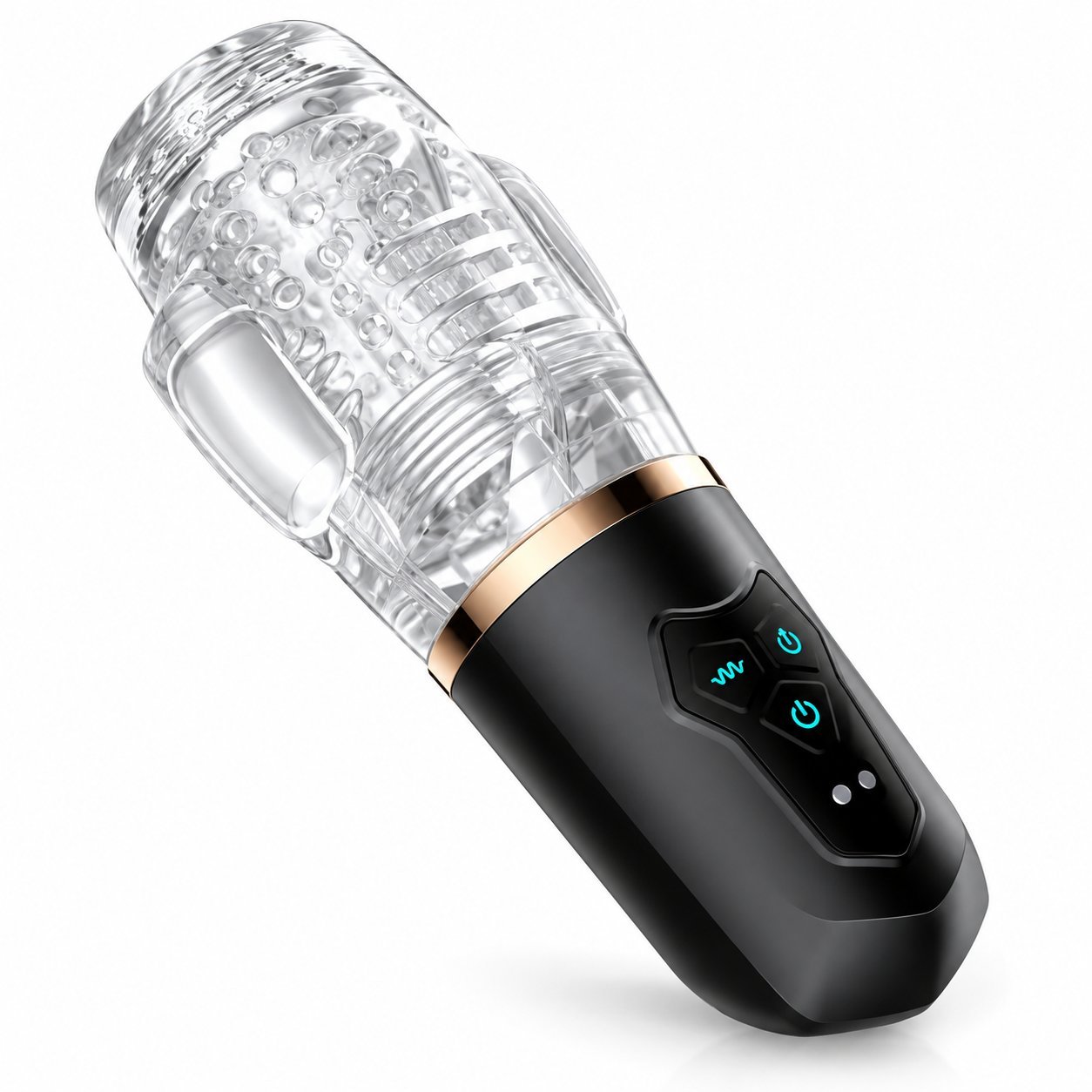 Clear-textured male masturbator sleeve with a black control handle featuring vibration and heating buttons