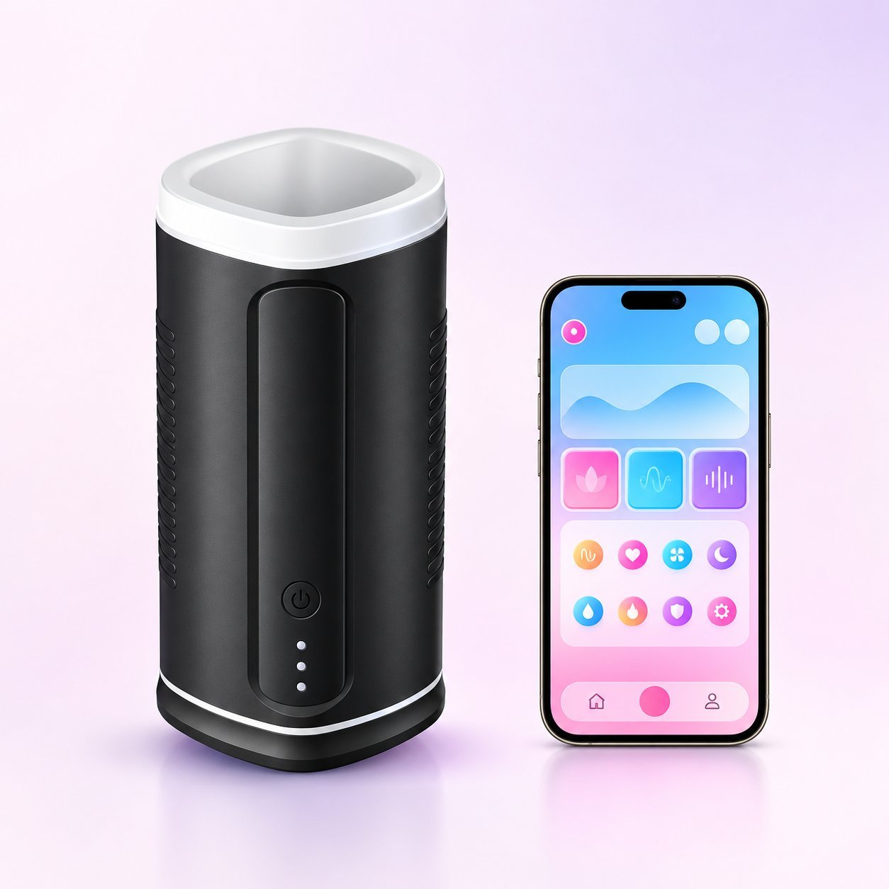 Black cylindrical male toy with a smartphone showing a pink app interface with vibration patterns and controls