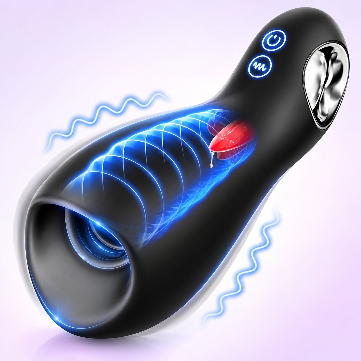 Black male stroker opened to show internal red and blue textured stimulation surface