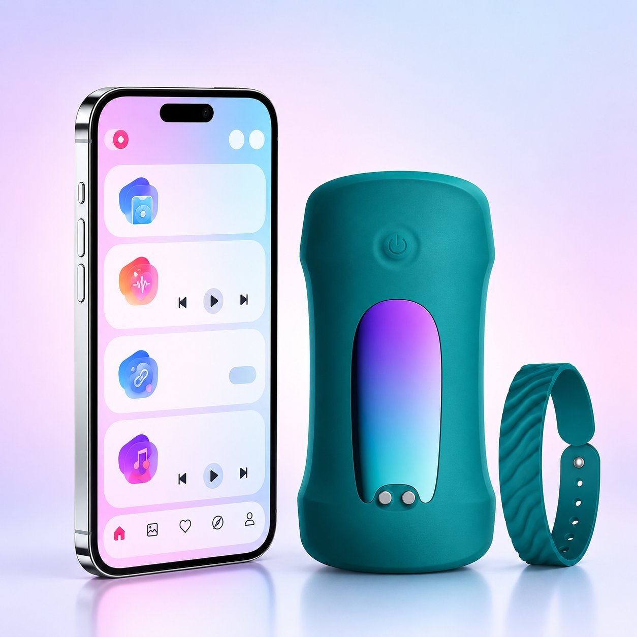 Teal silicone app-controlled cock ring with a smartphone showing a remote-control app and a matching teal wrist strap