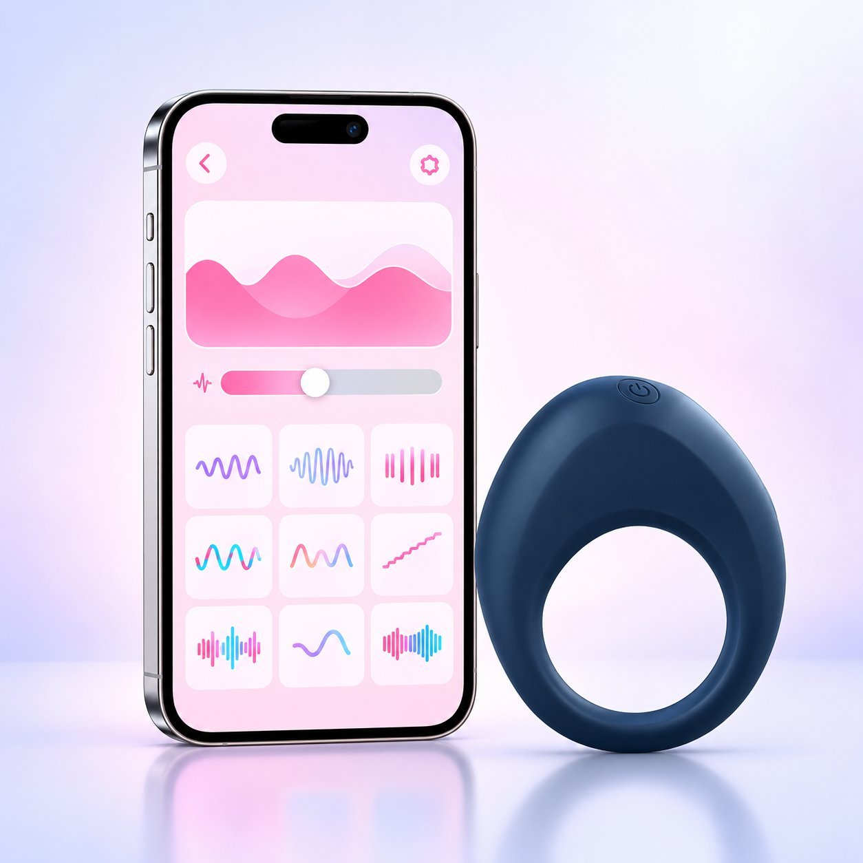 Navy blue cock ring with a smartphone showing a pink remote-control app interface with vibration patterns