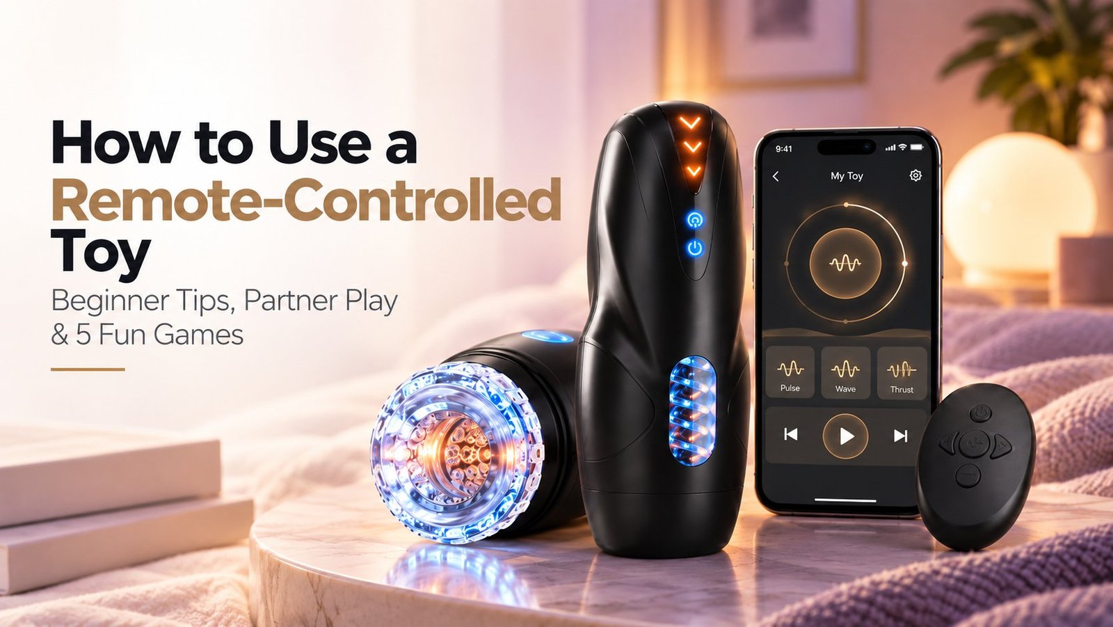 Black app-controlled male stroker next to a smartphone running a remote-control app and a small pebble remote, set on a wooden table by a bed